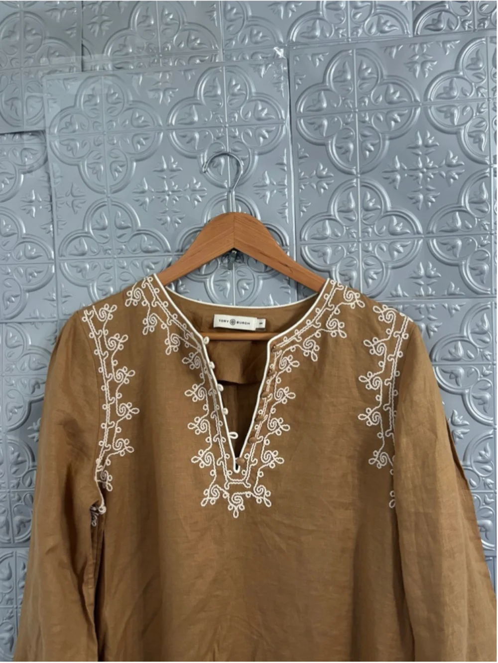 Tory Burch Maxi Dress Embroidered Linen Long Dark Tan Beige Kaftan Designer